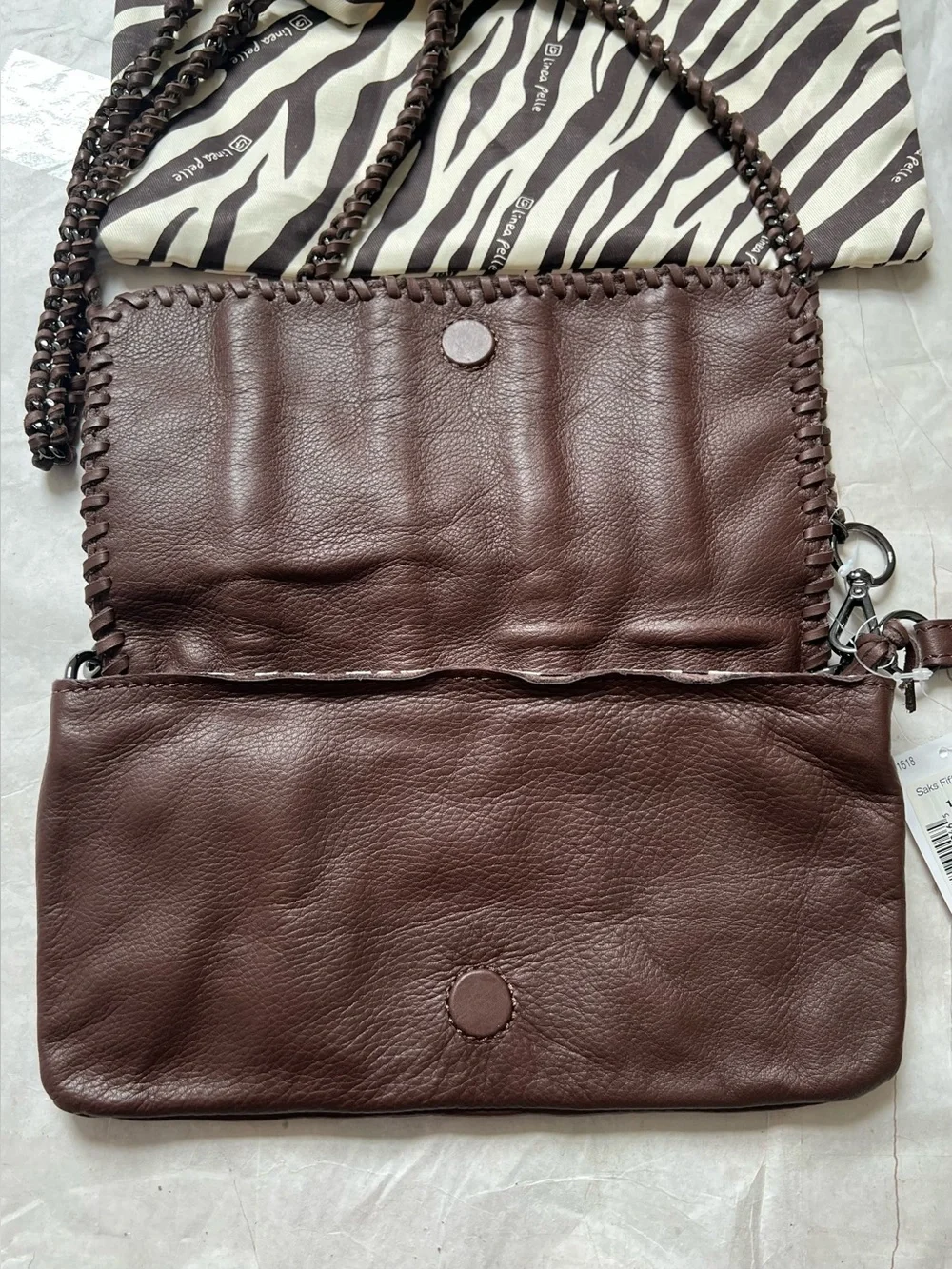 NWT $275 Linea Pelle Soft Brown Leather Whipstitch Chain Crossbody Bag Wristlet